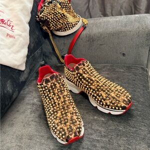 Christian Louboutin Leopard Print Gold Studded Sneakers